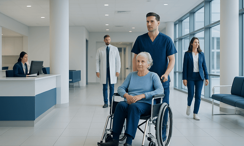 Elderly woman in wheelchair with healthcare staff at hospital reception.