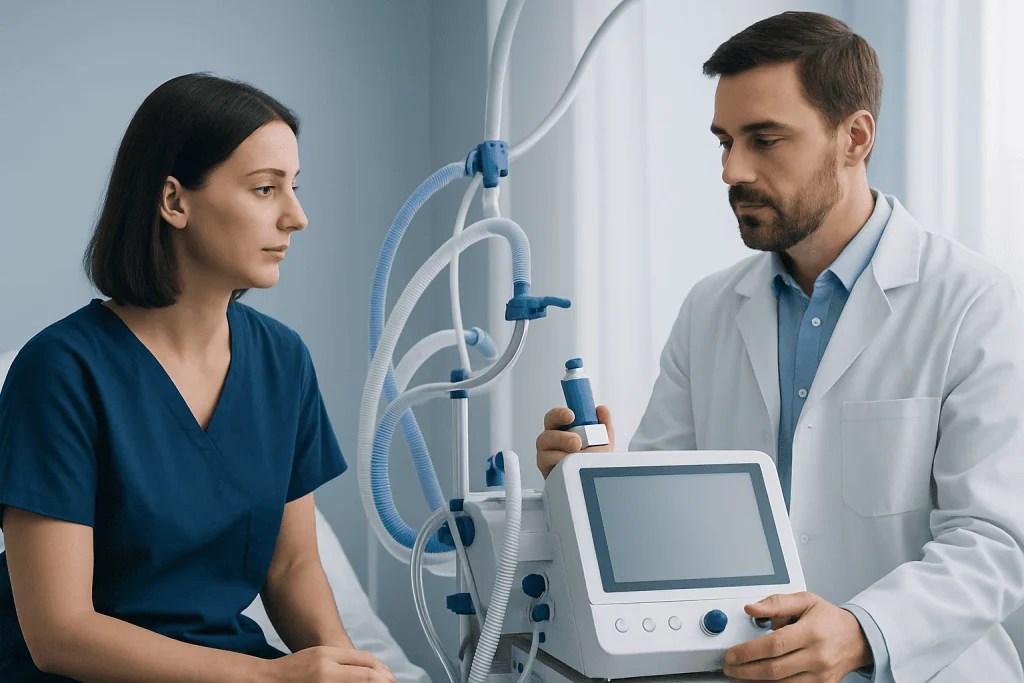 Doctor explaining inhaler use to patient in hospital setting.