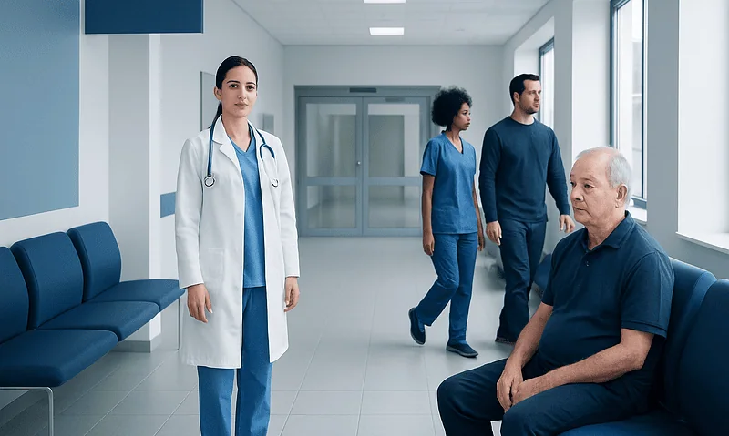 Healthcare professionals and patient in hospital corridor at Acibadem Hospitals Group.