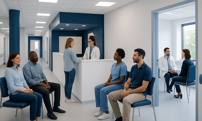Patients waiting in a modern hospital reception area with medical staff.