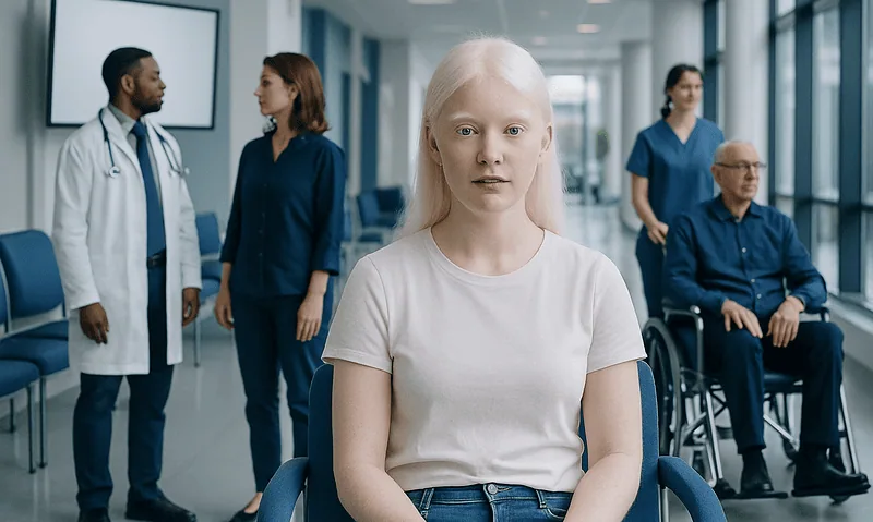 Young girl with albinism in a hospital corridor with medical staff and patient.