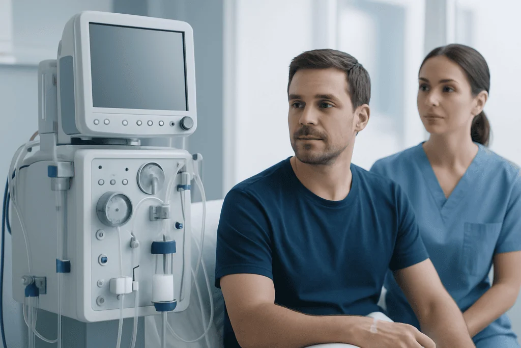 Patient in hospital room with medical monitor and healthcare professional.