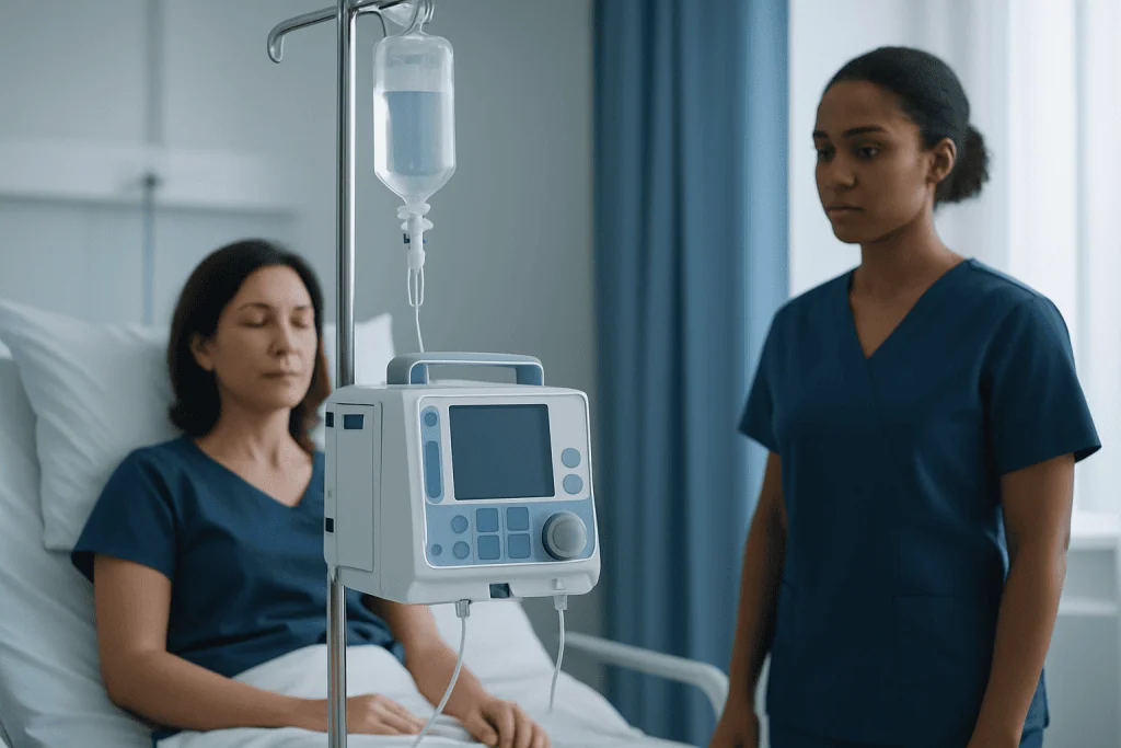 Hospital patient receiving IV therapy with nurse monitoring in background.