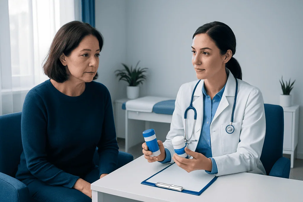 Doctor explaining medication options to a patient in a clinic setting.