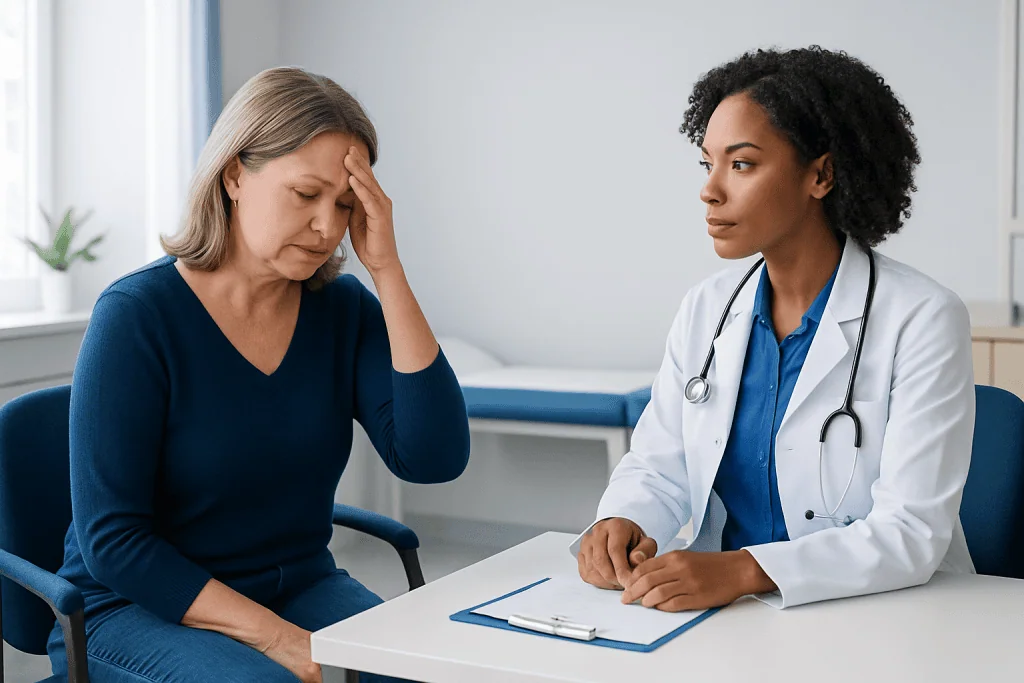 Female doctor consulting with a worried middle-aged woman in a medical office.