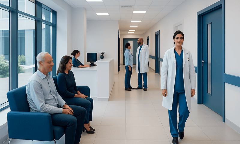 Modern hospital corridor with medical staff and patients at Acibadem Hospitals Group.