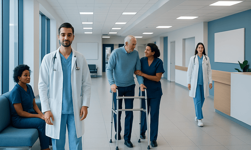 Healthcare professionals assisting elderly patient in hospital corridor.