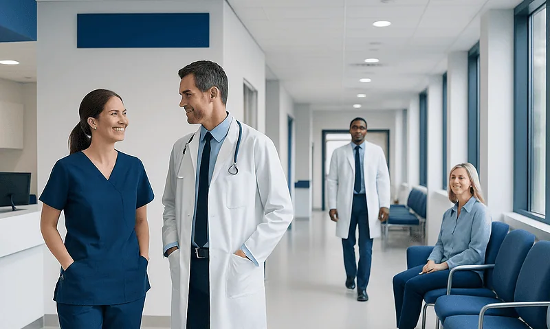 Medical professionals and patients in a modern hospital corridor.