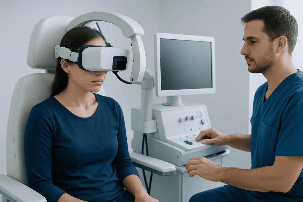 Patient undergoing eye examination with advanced medical equipment at Acibadem Hospital.