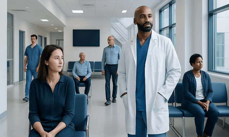 Medical professionals and patients in a hospital waiting area.