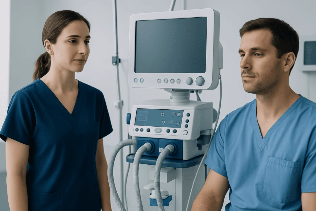 Medical professionals in a hospital room with ventilator equipment.