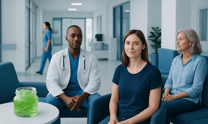 Medical consultation with diverse healthcare professionals in a modern hospital.