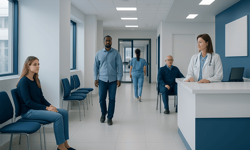 Modern hospital waiting area with patients and medical staff.