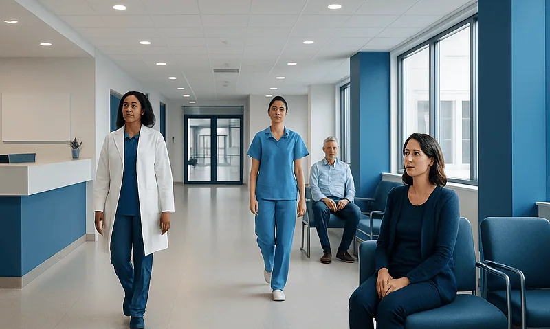 Healthcare professionals and patient in modern hospital corridor.