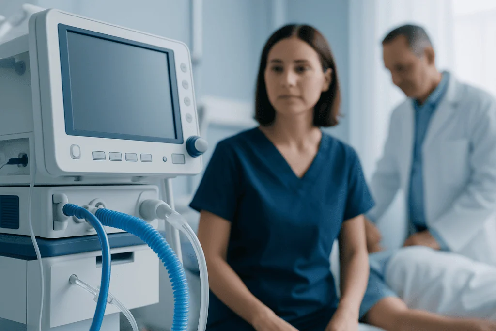 Medical professional and patient in a hospital setting with ventilator equipment.