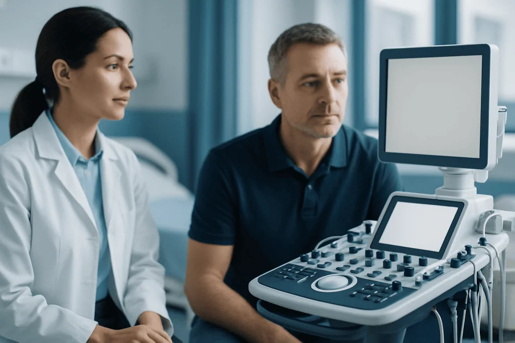 Doctor and patient during liver enzyme test at hospital.
