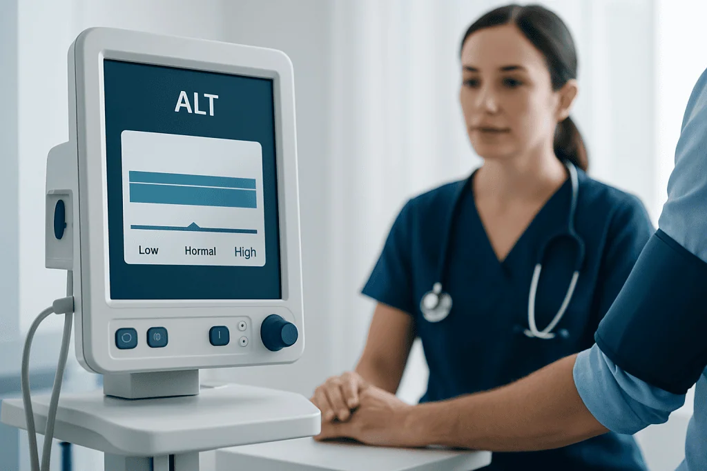 Medical professional monitoring ALT blood test results on a digital screen.