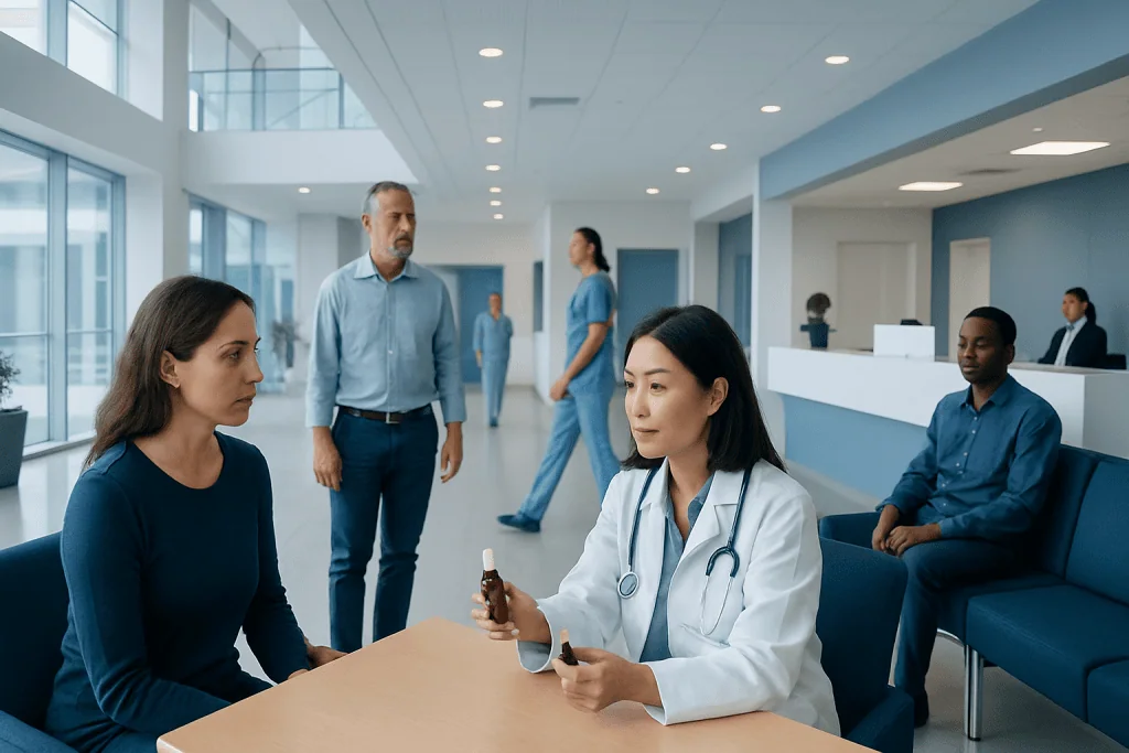 Alternative Medicine for Allergy — Explained by Medical Evidence, Not Myths 1 Medical consultation at Acibadem Hospital with doctor and patients in waiting area.