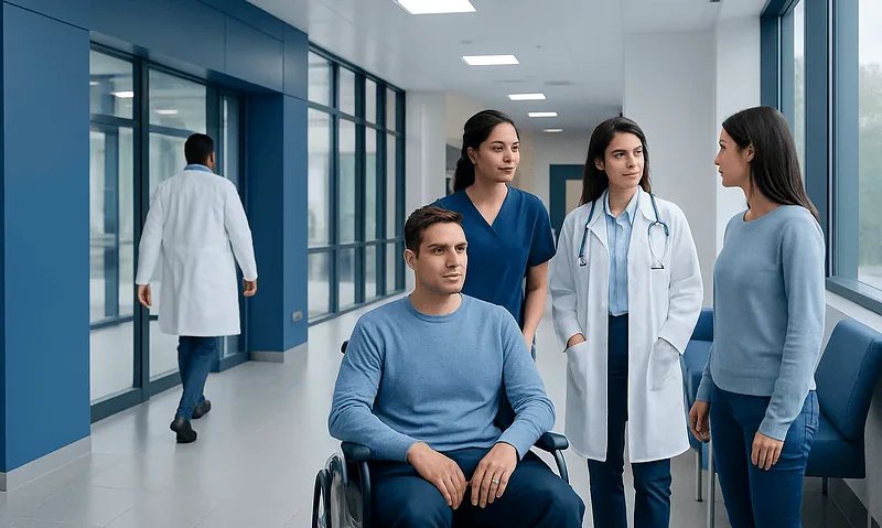 Medical team consulting a patient in hospital corridor.