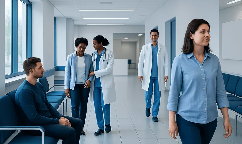 Medical team in hospital corridor preparing for patient care.
