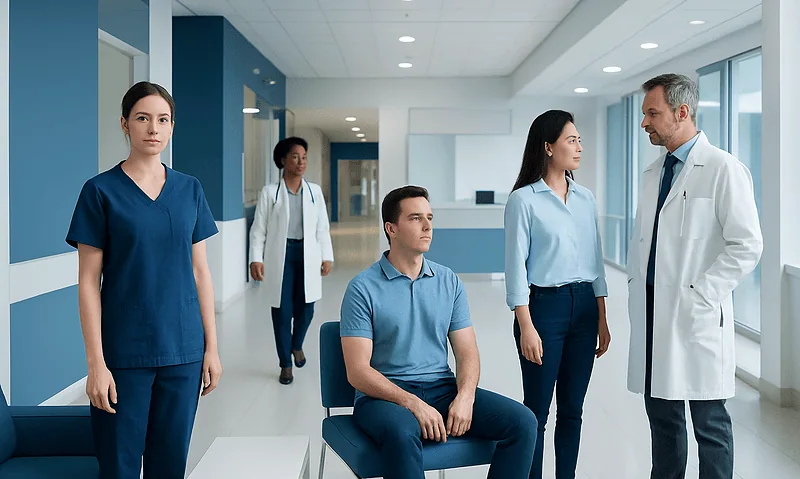 Medical team discussing patient care in hospital corridor.