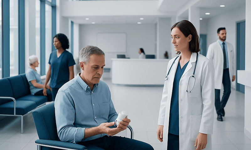 Patient consulting with a doctor in a modern hospital lobby.