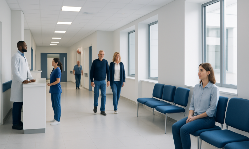 Patients and healthcare staff in a modern hospital corridor.