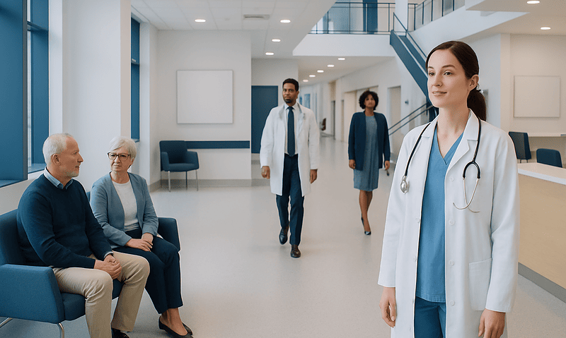 Medical staff and patients in a modern hospital lobby.