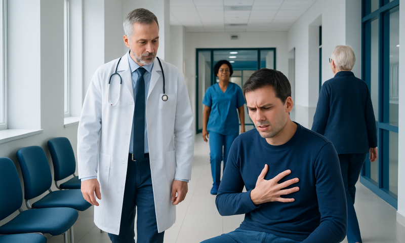 Patient experiencing chest pain in hospital corridor with medical staff nearby.