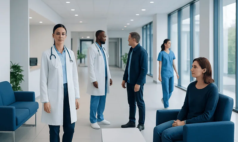 Medical team and patient in a modern hospital corridor.