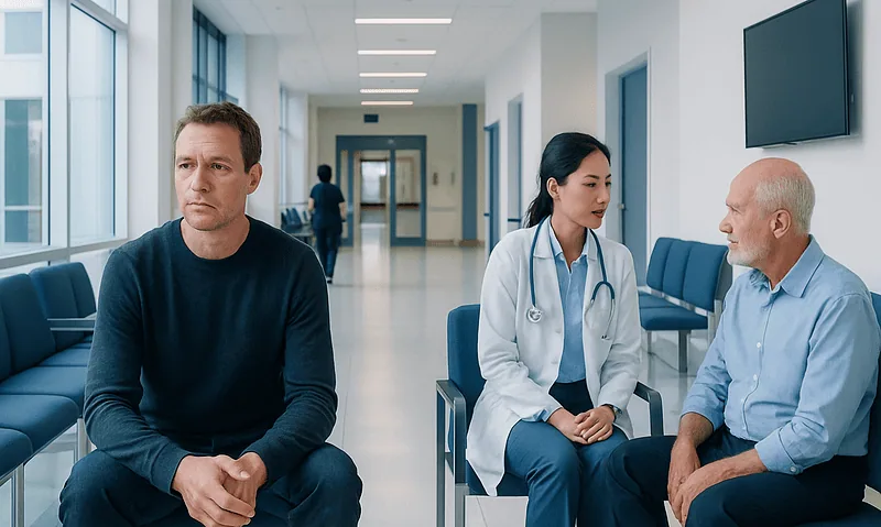 Doctor consulting with elderly patient in hospital corridor.