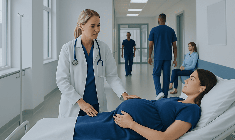 Doctor consulting pregnant woman in hospital room with medical staff in background.