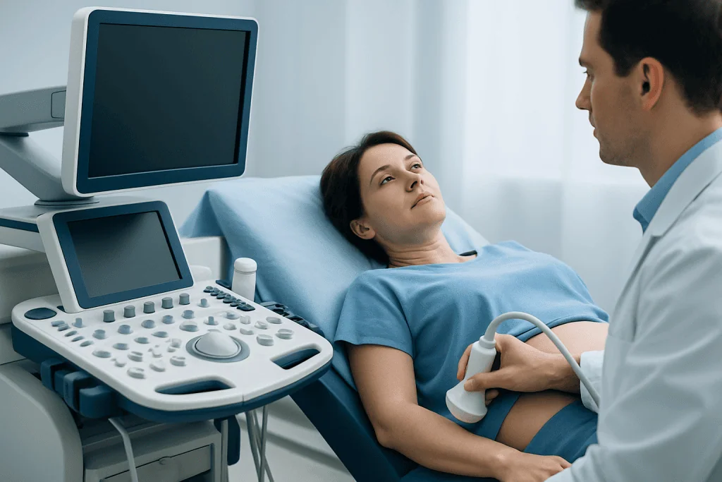 Doctor performing an abdominal ultrasound on a patient in a hospital room.