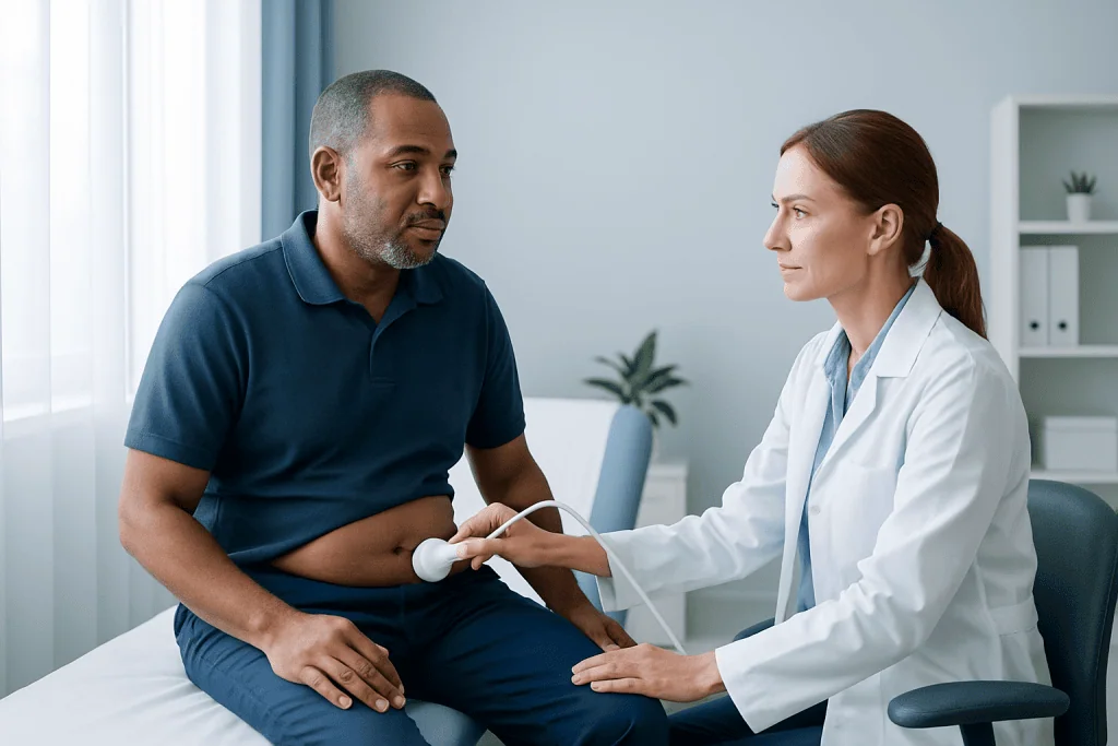 Doctor performs abdominal ultrasound on male patient in clinic setting.