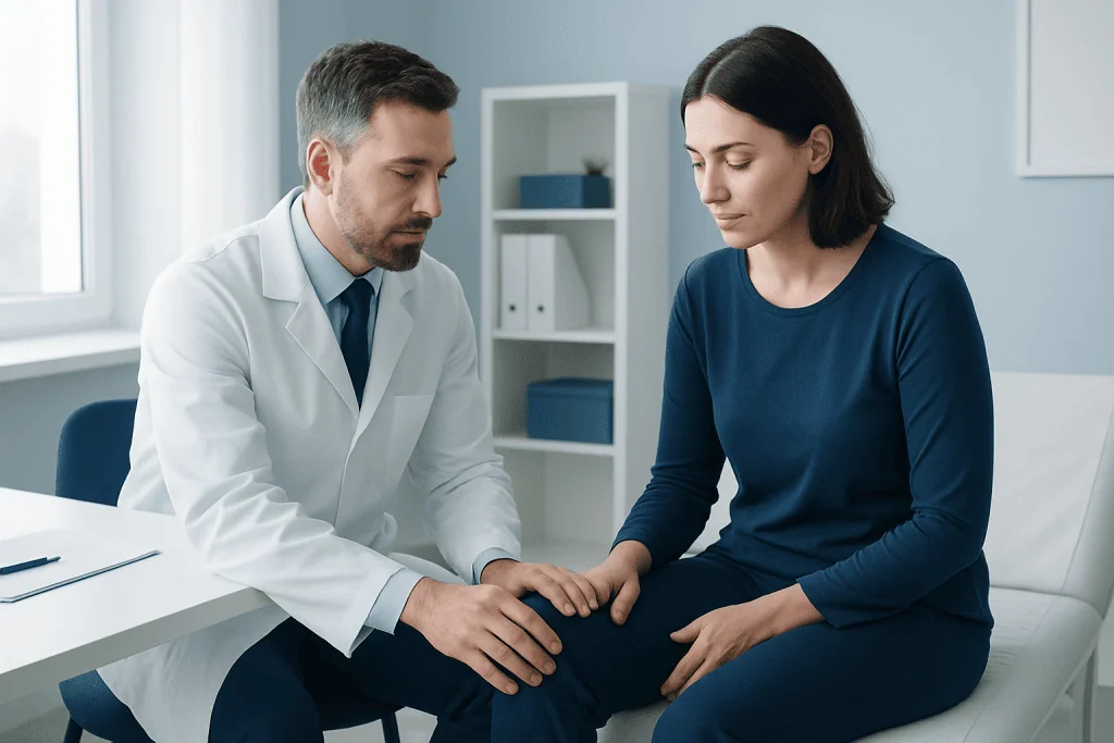 Doctor examining patient's knee in a medical consultation room.