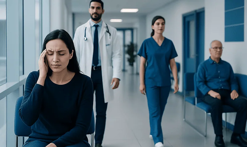 Patient experiencing headache in hospital corridor with medical staff nearby.