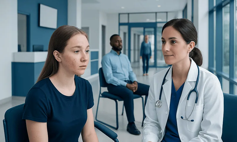 Doctor consulting a young patient in a modern hospital corridor.
