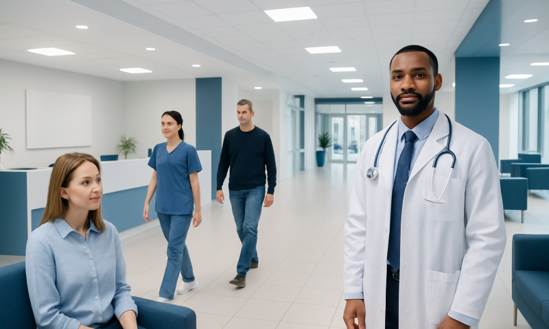 Medical team at Acibadem Hospital with doctor and patients in a modern facility.