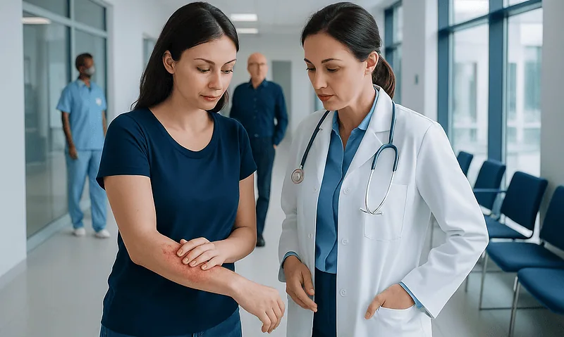 Doctor examining patient's arm in hospital corridor.