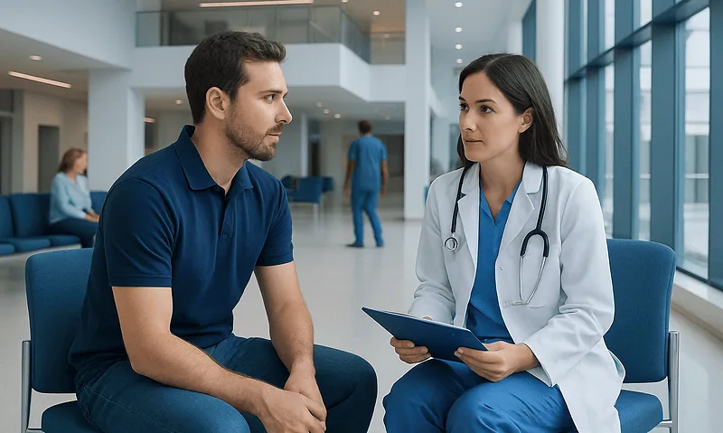Patient consulting with doctor in modern hospital lobby.
