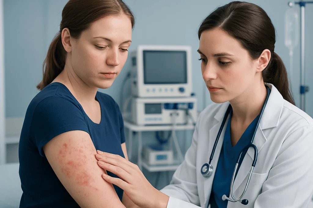 Doctor examining a patient's arm with rash in hospital setting.