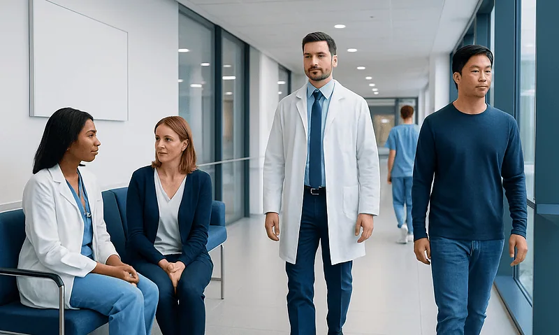 Medical team in hospital corridor discussing patient care.