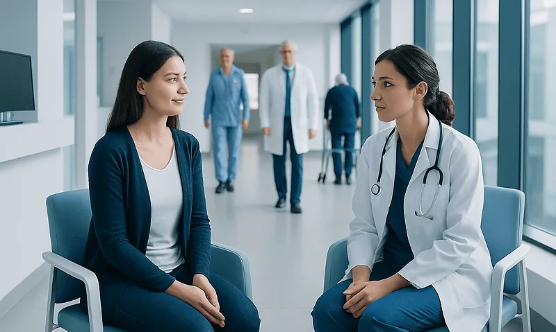 Doctor consulting a patient in a modern hospital corridor.