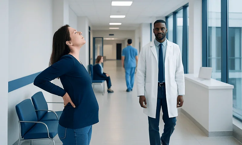 Pregnant woman at hospital with doctor, healthcare setting, medical care.