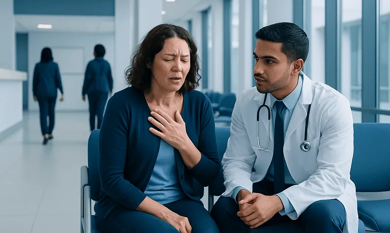 Patient experiencing chest pain during a medical consultation at Acibadem Hospital.