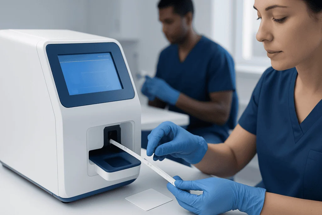Healthcare professionals using at-home strep test kit in a clinical setting.