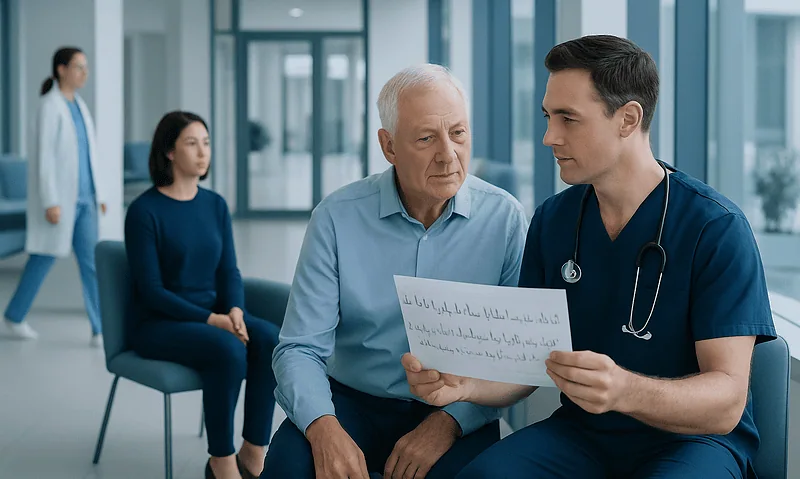 Doctor explaining ECG results to senior patient in hospital corridor.
