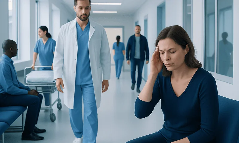Patient experiencing headache in hospital corridor with medical staff nearby.