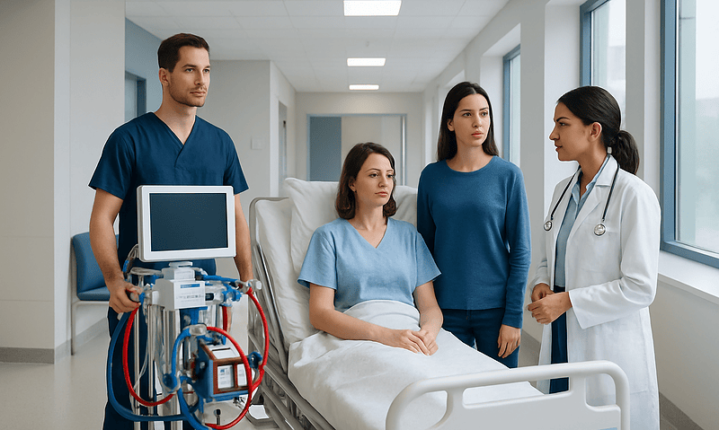 Medical team discussing patient care in hospital room with ECMO machine nearby.