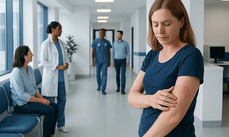 Woman with eczema looking distressed in hospital corridor with medical staff.